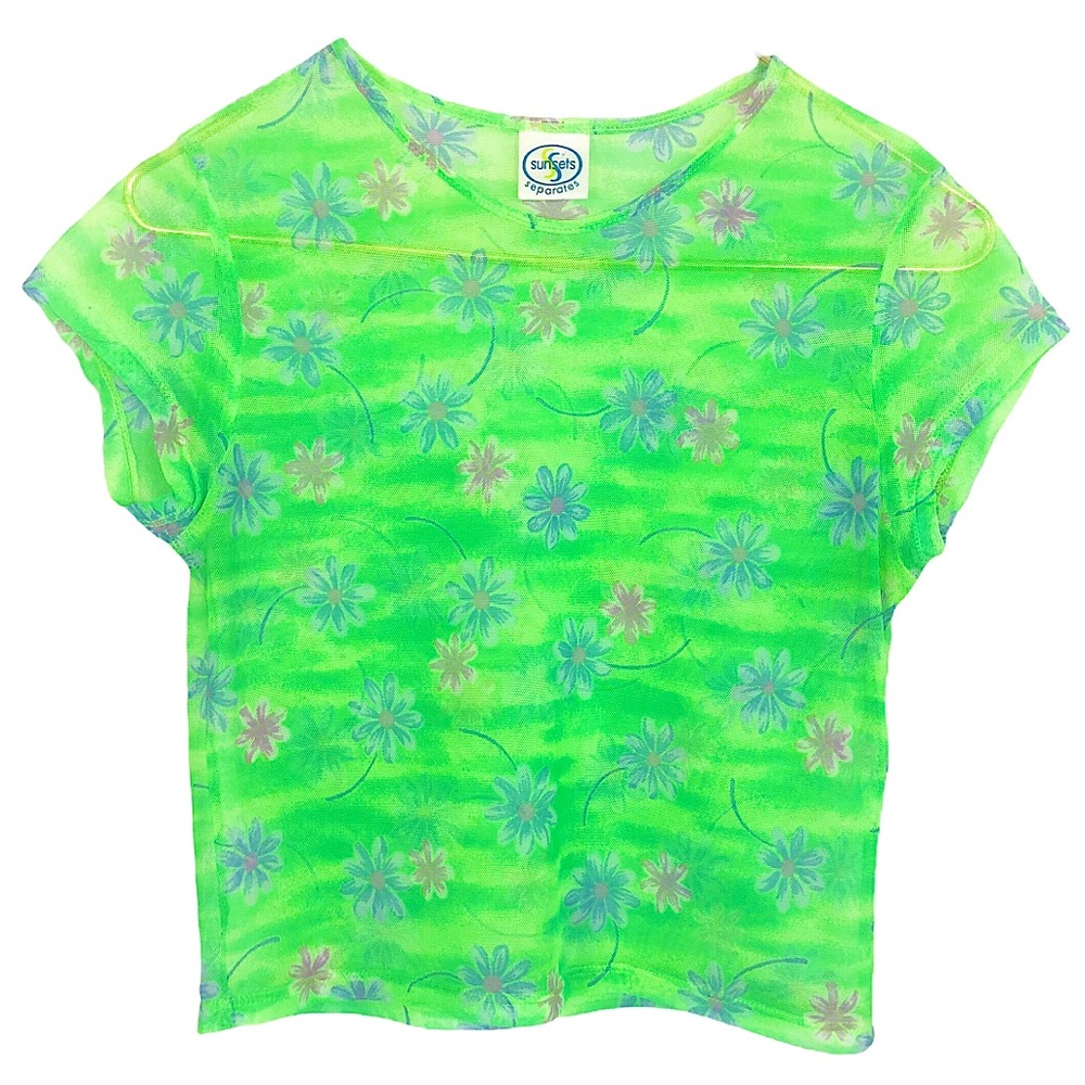 VINTAGE Y2K Neon Green Floral Mesh Stretch Cropped Baby T-Shirt